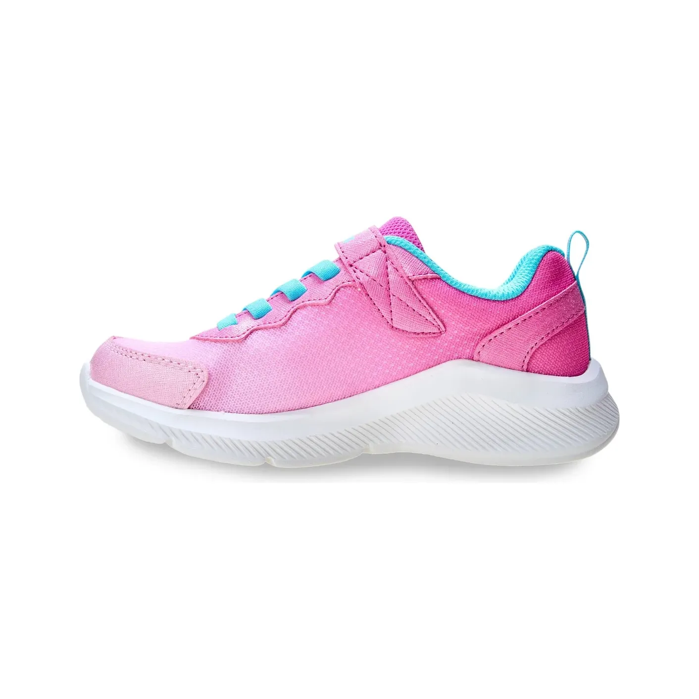 Tênis feminino Skechers Sole Swifters rosa com detalhes azul claro, vista lateral mostrando fechamento em cadarço elástico